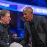 February 19, 2022; Cleveland, OH, USA; Boston Celtics owner Steve Pagliuca (left) and NBA great Ray Allen (right) during the Skills Challenge during the 2022 NBA All-Star Saturday Night at Rocket Mortgage Field House.