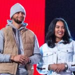 February 19, 2022; Cleveland, OH, USA; Golden State Warriors guard Stephen Curry (30) and wife Ayesha Curry (right) during the 2022 NBA All-Star Saturday Night at Rocket Mortgage Field House. Mandatory Credit: Kyle Terada-USA TODAY Sports