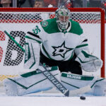 Oct 5, 2022; Denver, Colorado, USA; Dallas Stars goaltender Anton Khudobin (35) in the third period against the Colorado Avalanche at Ball Arena. Mandatory Credit: Isaiah J. Downing-USA TODAY Sports