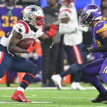 Nov 24, 2022; Minneapolis, Minnesota, USA; NFL; New England Patriots running back Rhamondre Stevenson (38) and Minnesota Vikings linebacker Jordan Hicks (58) in action during the game at U.S. Bank Stadium.
