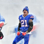 Jan 22, 2023; Orchard Park, New York, USA; Buffalo Bills safety Jordan Poyer (21) reacts before an AFC divisional round game between the Buffalo Bills and the Cincinnati Bengals at Highmark Stadium.