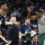 Mar 5, 2023; Washington, District of Columbia, USA; Milwaukee Bucks forward Giannis Antetokounmpo (34) celebrated with Bucks forward Thanasis Antetokounmpo (R) against the Washington Wizards at Capital One Arena.