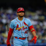 Apr 29, 2023; Los Angeles, California, USA; St. Louis Cardinals catcher Wilson Contreras (40) plays during the fifth inning against the Los Angeles Dodgers at Dodger Stadium. Mandatory Credit: Lucas Peltier-USA TODAY Sports