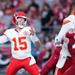 Aug 19, 2023; Glendale, Arizona, USA; NFL; Kansas City Chiefs quarterback Patrick Mahomes (15) throws a pass against the Arizona Cardinals during the first half at State Farm Stadium.
