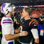 NFL MVP 2025 corrida Josh Allen Joe Burrow Buffalo Bills quarterback Josh Allen (17) and Cincinnati Bengals quarterback Joe Burrow (9) shake hands at the conclusion of a Week 9 NFL football game between the Buffalo Bills and the Cincinnati Bengals, Monday, Nov. 6, 2023, at Paycor Stadium in Cincinnati.