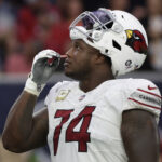 Nov 19, 2023; Houston, Texas, USA; NFL; Arizona Cardinals offensive tackle D.J. Humphries (74) smells smelling salts as he and the Houston Texans waits for a call in the second half at NRG Stadium.
