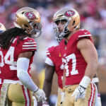Nov 19, 2023; Santa Clara, California, USA; San Francisco 49ers linebacker Fred Warner (left) talks with defensive end Nick Bosa (right) during the fourth quarter against the Tampa Bay Buccaneers at Levi's Stadium.