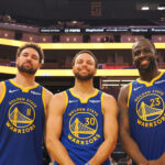 Nov 30, 2023; San Francisco, California, USA; Golden State Warriors guard Klay Thompson (11), guard Stephen Curry (30) and forward Draymond Green (23) after the game against the Los Angeles Clippers at Chase Center.