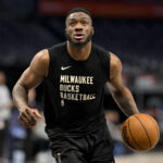 Feb 3, 2024; Dallas, Texas, USA; Milwaukee Bucks forward Thanasis Antetokounmpo (43) warms up before the game between the Dallas Mavericks and the Milwaukee Bucks at the American Airlines Center.
