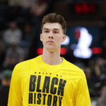 Feb 14, 2024; Salt Lake City, Utah, USA; Los Angeles Lakers center Colin Castleton (14) before the game against the Utah Jazz at Delta Center. Mandatory Credit: Chris Nicoll-USA TODAY Sports