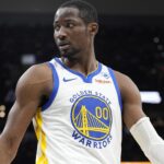 Mar 11, 2024; San Antonio, Texas, USA; Golden State Warriors forward Jonathan Kuminga (00) reacts to a call by an official during the first half against the San Antonio Spurs at Frost Bank Center. Mandatory Credit: Scott Wachter-USA TODAY Sports