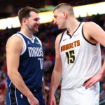 EuroBasket 2025 Jogadores da NBA - Mar 17, 2024; Dallas, Texas, USA; Dallas Mavericks guard Luka Doncic (77) speaks with Denver Nuggets center Nikola Jokic (15) during the second half at American Airlines Center. Mandatory Credit: Kevin Jairaj-USA TODAY Sports