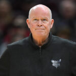 Apr 14, 2024; Cleveland, Ohio, USA; Charlotte Hornets head coach Steve Clifford reacts in the second quarter against the Cleveland Cavaliers at Rocket Mortgage FieldHouse. Mandatory Credit: David Richard-USA TODAY Sports