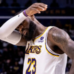LeBron Apr 14, 2024; New Orleans, Louisiana, USA; Los Angeles Lakers forward LeBron James (23) looks on against the New Orleans Pelicans during the second half at Smoothie King Center. Mandatory Credit: Stephen Lew-USA TODAY Sports