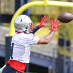 May 11, 2024; Foxborough, MA, USA; New England Patriots wide receiver JaLynn Polk (1) makes a catch at the New England Patriots rookie camp at Gillette Stadium. Mandatory Credit: Eric Canha-USA TODAY Sports