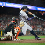 MLB Jun 1, 2024; San Francisco, California, USA; New York Yankees designated hitter Giancarlo Stanton (27) hits a two-run home run against the San Francisco Giants during the seventh inning at Oracle Park. Mandatory Credit: Robert Edwards-USA TODAY Sports