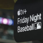 MLB Jul 26, 2024; Houston, Texas, USA; General view of an Apple tv sign during a pregame show before the game between the Houston Astros and the Los Angeles Dodgers at Minute Maid Park. Mandatory Credit: Troy Taormina-USA TODAY Sports