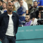Aug 8, 2024; Paris, France; Former NBA player Tony Parker looks on during the first half between France and Germany in a men's basketball semifinal game during the Paris 2024 Olympic Summer Games at Accor Arena.