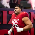 Sep 29, 2024; Glendale, Arizona, USA; Arizona Cardinals guard Will Hernandez (76) against the Washington Commanders at State Farm Stadium. Mandatory Credit: Mark J. Rebilas-Imagn Images