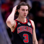 Oct 23, 2024; New Orleans, Louisiana, USA; Chicago Bulls guard Josh Giddey (3) looks on against the New Orleans Pelicans during the first half at Smoothie King Center.