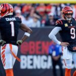 Cincinnati Bengals quarterback Joe Burrow (9) and wide receiver Ja'Marr Chase (1) paces between plays in the second quarter of the NFL Week 9 game between the Cincinnati Bengals and the Las Vegas Raiders at Paycor Stadium in downtown Cincinnati on Sunday, Nov. 3, 2024.