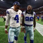 Nov 3, 2024; Atlanta, Georgia, USA; Dallas Cowboys quarterback Dak Prescott (4) and wide receiver CeeDee Lamb (88) walk off the field after a loss against the Atlanta Falcons at Mercedes-Benz Stadium.