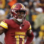 Nov 10, 2024; Landover, Maryland, USA; Washington Commanders wide receiver Terry McLaurin (17) looks on from the field during final minute of the game against the Pittsburgh Steelers at Northwest Stadium.