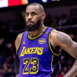 LeBron James Nov 16, 2024; New Orleans, Louisiana, USA; Los Angeles Lakers forward LeBron James (23) looks on against the New Orleans Pelicans during the first half at Smoothie King Center. Mandatory Credit: Stephen Lew-Imagn Images