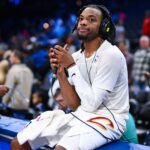 Nov 13, 2024; Philadelphia, Pennsylvania, USA; Cleveland Cavaliers guard Darius Garland (10) records an interview after the game against the Philadelphia 76ers at Wells Fargo Center. Mandatory Credit: Kyle Ross-Imagn Images