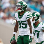 Dec 15, 2024; Jacksonville, Florida, USA; New York Jets safety Jalen Mills (35) celebrates after an interception against the Jacksonville Jaguars in the first quarter at EverBank Stadium. Mandatory Credit: Nathan Ray Seebeck-Imagn Images