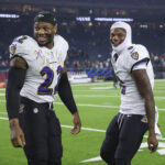 Dec 25, 2024; Houston, Texas, USA; Baltimore Ravens running back Derrick Henry (22) and quarterback Lamar Jackson (8) smile after the game against the Houston Texans at NRG Stadium.