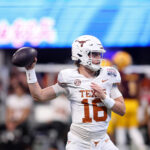 Jan 1, 2025; Atlanta, GA, USA; Texas Longhorns quarterback Arch Manning (16) warms up before the Peach Bowl at Mercedes-Benz Stadium. Mandatory Credit: Brett Davis-Imagn Images