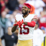 Jan 5, 2025; Glendale, Arizona, USA; San Francisco 49ers wide receiver Jauan Jennings (15) reacts after a fight against the Arizona Cardinals in the first half at State Farm Stadium. Mandatory Credit: Mark J. Rebilas-Imagn Images