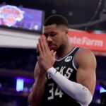 Jan 12, 2025; New York, New York, USA; Milwaukee Bucks forward Giannis Antetokounmpo (34) pauses before the start of a game against the New York Knicks at Madison Square Garden.