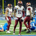 Washington Commanders wide receiver Terry McLaurin (17) celebrates a first down against Detroit Lions during the second half of the NFC divisional round at Ford Field in Detroit on Saturday, Jan. 18, 2025.