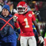 Jan 26, 2025; Kansas City, MO, USA; Kansas City Chiefs wide receiver Xavier Worthy (1) reacts against the Buffalo Bills during the first half in the AFC Championship game at GEHA Field at Arrowhead Stadium. Mandatory Credit: Denny Medley-Imagn Images