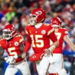 Jan 26, 2025; Kansas City, MO, USA; Kansas City Chiefs quarterback Patrick Mahomes (15) against the Buffalo Bills during the AFC Championship game at GEHA Field at Arrowhead Stadium.