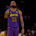 Feb 1, 2025; New York, New York, USA; Los Angeles Lakers forward LeBron James (23) reacts during the second quarter against the New York Knicks at Madison Square Garden.