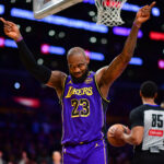 Feb 6, 2025; Los Angeles, California, USA; Los Angeles Lakers forward LeBron James (23) reacts during the second half at Crypto.com Arena.
