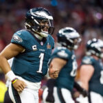Feb 9, 2025; New Orleans, LA, USA; Philadelphia Eagles quarterback Jalen Hurts (1) against the Kansas City Chiefs during Super Bowl LIX at Ceasars Superdome. Mandatory Credit: Mark J. Rebilas-Imagn Images