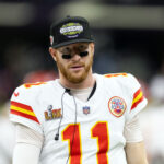 Feb 9, 2025; New Orleans, LA, USA; Kansas City Chiefs quarterback Carson Wentz (11) against the Philadelphia Eagles in Super Bowl LIX at Ceasars Superdome. Mandatory Credit: Mark J. Rebilas-Imagn Images
