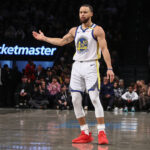 Mar 6, 2025; Brooklyn, New York, USA; Golden State Warriors guard Stephen Curry (30) reacts to a no-call in the first quarter against the Brooklyn Nets at Barclays Center.