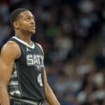 Mar 9, 2025; Minneapolis, Minnesota, USA; San Antonio Spurs guard De'Aaron Fox (4) looks on against the Minnesota Timberwolves in the second half at Target Center. Mandatory Credit: Jesse Johnson-Imagn Images