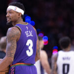 Mar 14, 2025; Phoenix, Arizona, USA; Phoenix Suns guard Bradley Beal (3) reacts after a play against the Sacramento Kings during the first half at Footprint Center. Mandatory Credit: Mark J. Rebilas-Imagn Images