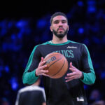 Mar 15, 2025; Brooklyn, New York, USA; Boston Celtics forward Jayson Tatum (0) warms up before a game against the Brooklyn Nets at Barclays Center.