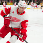 Mar 22, 2025; Las Vegas, Nevada, USA; Detroit Red Wings right wing Patrick Kane (88) warms up before a game against the Vegas Golden Knights at T-Mobile Arena. Mandatory Credit: Stephen R. Sylvanie-Imagn Images