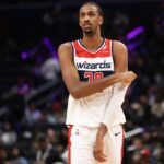 Mar 27, 2025; Washington, District of Columbia, USA; Washington Wizards forward Alex Sarr (20) looks on during the first half against the Indiana Pacers at Capital One Arena.