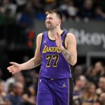 Apr 9, 2025; Dallas, Texas, USA; Los Angeles Lakers guard Luka Doncic (77) reacts to missing a shot against the Dallas Mavericks during the third quarter at the American Airlines Center.