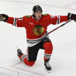 Apr 12, 2025; Chicago, Illinois, USA; Chicago Blackhawks center Frank Nazar (91) celebrates after scoring a goal against the Winnipeg Jets during the third period at United Center. Mandatory Credit: Matt Marton-Imagn Images
