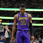 Apr 9, 2025; Dallas, Texas, USA; Los Angeles Lakers forward Rui Hachimura (28) during the game between the Dallas Mavericks and the Los Angeles Lakers at American Airlines Center.